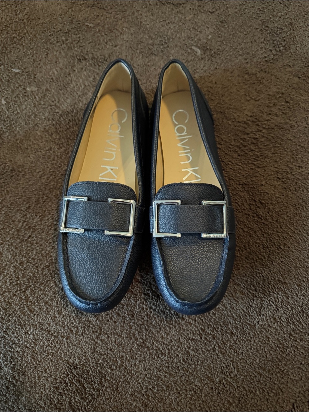 Calvin Klein Black Pebbled Leather Loafers with Silver Buckles